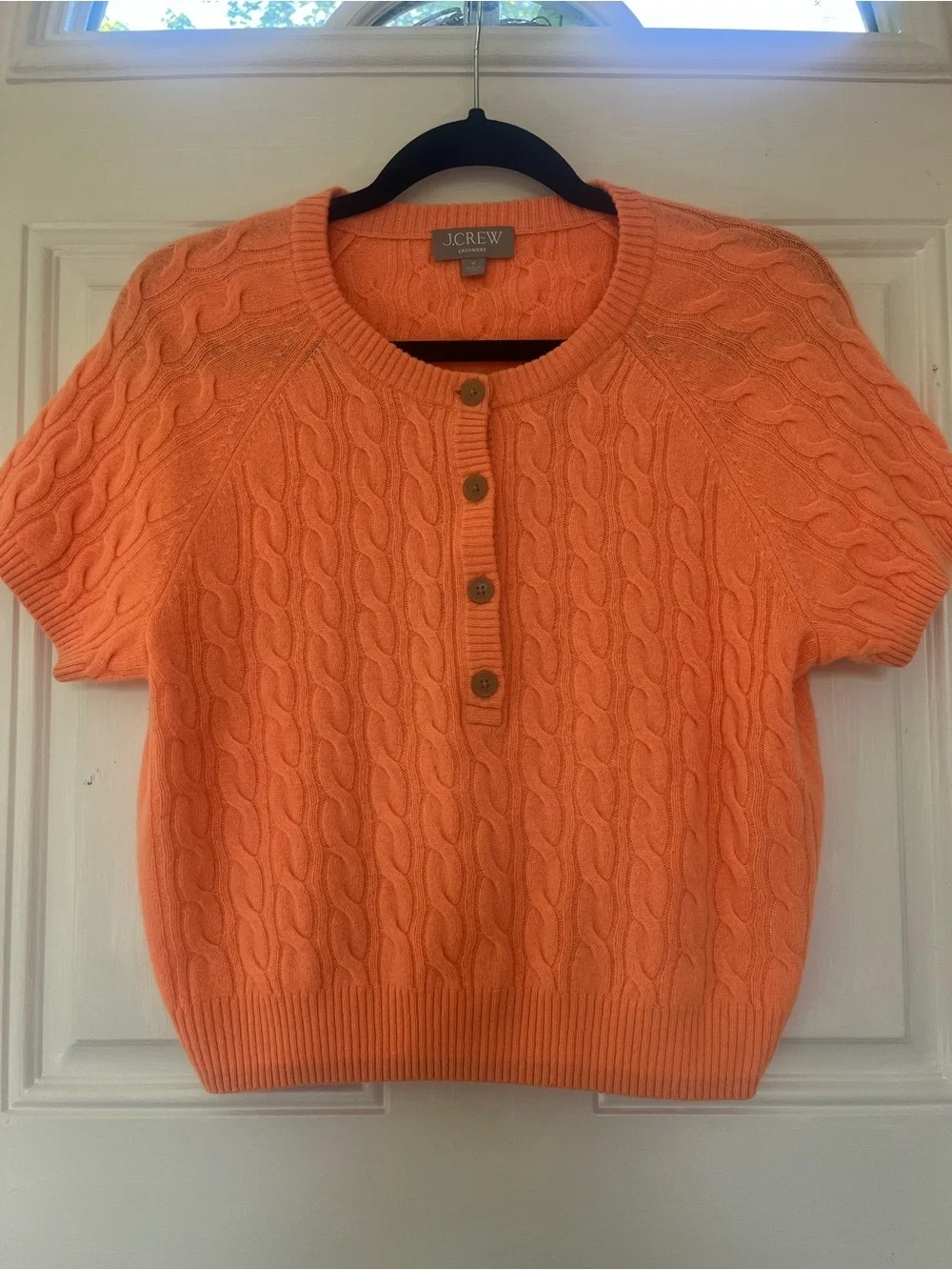 J. Crew Orange Medium Cable-Knit Cashmere Short-Sleeve Henley Sweater Preppy